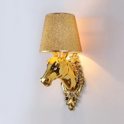 Elegant Gold/Silver Wall Light Tapered Shade 1 Light Metal Sconce Light with Horse for Restaurant