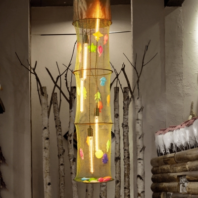 Fabric Cylinder Fish Net Hanging Light Restaurant 5 Lights Creative Pendant Light with Colorful Fish
