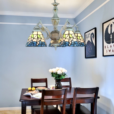 Glass Cone/Dome Suspension Light 5 Lights Mediterranean Style Chandelier in Blue/White for Dining Room