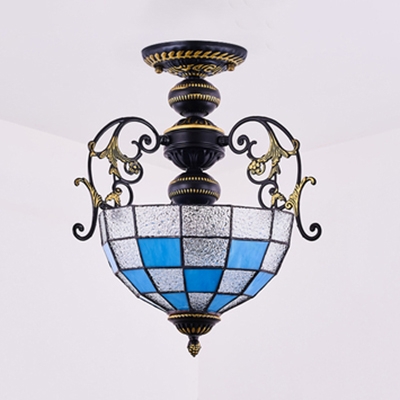 Glass Dome Shade Semi Ceiling Mount Light Bedroom 2 Lights Mediterranean Style Ceiling Lamp