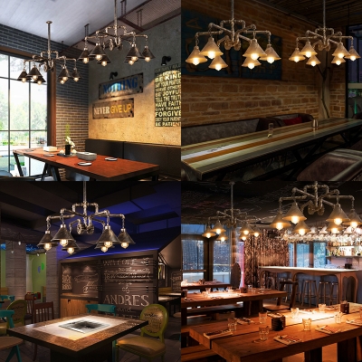 Industrial Cone Shade Chandelier with Pipe & Gear 6 Lights Metal Pendant Light in Brass for Cafe