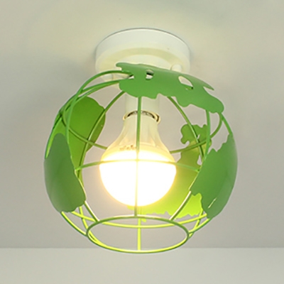 Modern Globe Cage Flush Ceiling Light 1 Light Metal Ceiling Lamp in Blue/Green/Red/Yellow for Bedroom