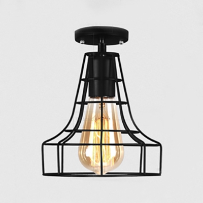 Iron Wire Frame Semi Flush Ceiling Light Restaurant 1 Head Antique Style Ceiling Fixture in Black