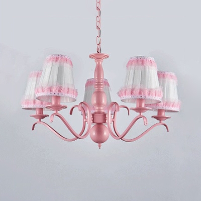 Kid Bedroom Tapered Shade Chandelier with Lace Decoration Metal 3/5/6 Lights Pink Pendant Light