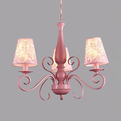 Kids Tapered Shade Chandelier 3 Lights Fabric Pendant Light in Pink for Girl Bedroom
