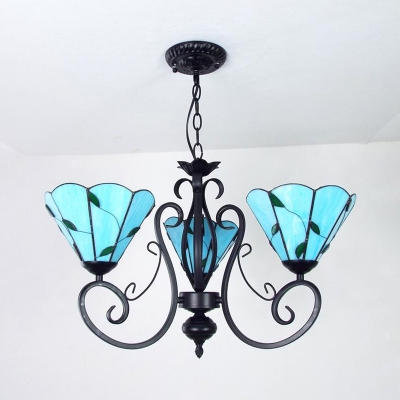 Kitchen Hallway Cone Chandelier Blue/Clear Glass 3 Lights Rustic Ceiling Lamp with Leaf