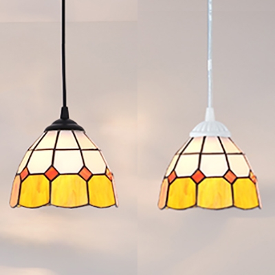 Lattice Bowl Bedroom Pendant Light Glass 1 Light Tiffany Modern Yellow Ceiling Light with Black/White Chain
