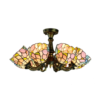 Leaf/Peacock Tail/Flower Semi Flush Light Tiffany Style 8 Lights Stained Glass Ceiling Fixture for Living Room