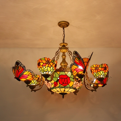 Living Room Flower Chandelier with Butterfly Stained Glass 9 Lights Rustic Style Ceiling Pendant