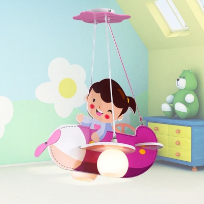 Lovely Girl & Plane Pendant Light 2 Lights Wood Suspension Lamp in Pink for Girl Bedroom