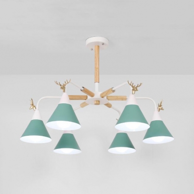 Macaron Blue/Green/White Chandelier Cone Shade Deer 6 Lights Metal Pendant Light for Nursing Room