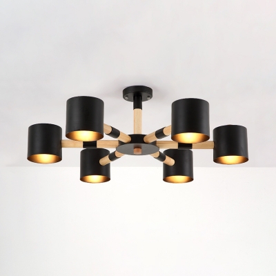 Metal Cylinder Ceiling Light 6 Lights Contemporary Chandelier in Black/White/Gray for Adult Kid Bedroom
