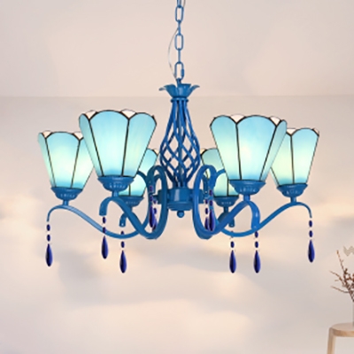 Metal Glass Cone Chandelier 6 Lights Tiffany Style Rustic Pendant Lamp in Blue/White for Dining Room