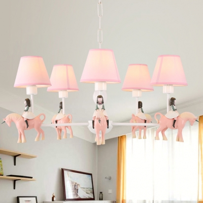 Resin Girl & Horse Chandelier Child Bedroom 3/5 Lights Cute Pendant Light with Tapered Shade in Pink
