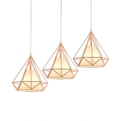 Rose Gold Diamond Cage Pendant Light 3 Lights Industrial Metal Hanging Lamp for Bedroom