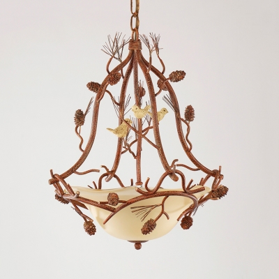 Rustic Bell Shade Hanging Light Frosted Glass 3 Lights Chandelier with Bird & Pine Cone for Balcony