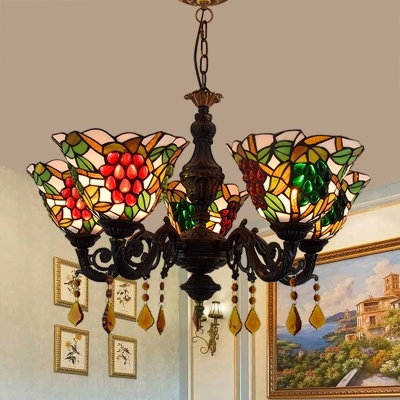 Rustic Style Grape Pendant Light 5 Lights Stained Glass Chandelier with Crystal for Hotel