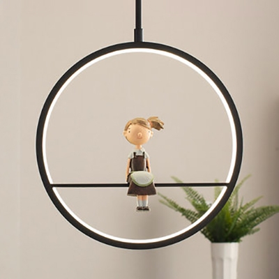 Simple Style Ring Pendant Lamp with Cartoon Pattern Metal Hanging Light in Black for Study Room