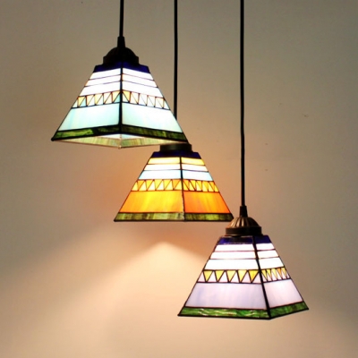 Stained Glass Craftsman Pendant Light 3 Lights Rustic Ceiling Light with Bronze Canopy for Study Room