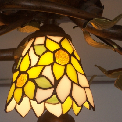 Stained Glass Sunflower Ceiling Mount Light Study Room 4 Heads Rustic Stylish LED Ceiling Lamp in Yellow