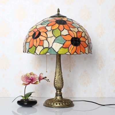 Stained Glass Sunflower Table Light Two Lights Rustic Tiffany Table Lamp with Plug-In Cord for Bedroom