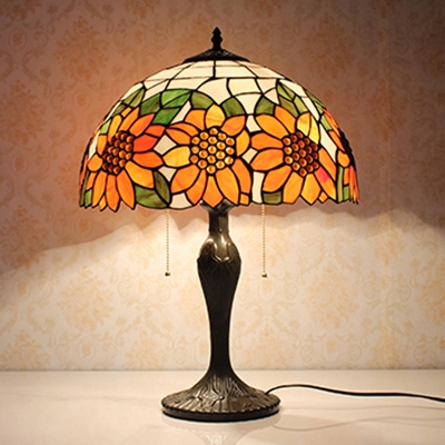 Stained Glass Sunflower Table Light Two Lights Rustic Tiffany Table Lamp with Plug-In Cord for Bedroom