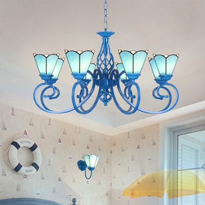 Tiffany Style Cone Ceiling Light Glass 8 Lights Blue/White Chandelier for Living Room Hotel