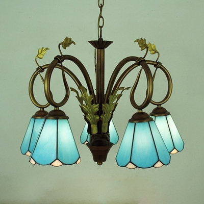 Tiffany Style Cone Chandelier Glass 5 Lights Blue Pendant Lighting with Leaf for Dining Room