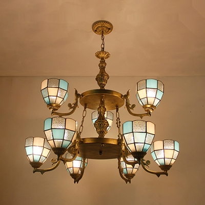 Tiffany Style Dome Shade Chandelier 9 Lights Glass Metal Pendant Lamp in Brass for Living Room
