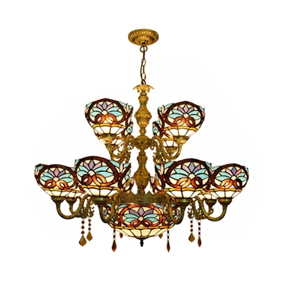Tiffany Style Victorian Chandelier Dome Shade 15 Lights Stained Glass Hanging Light for Villa