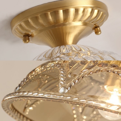 Traditional Barn Shade Flush Mount Light 1 Light Clear Glass Ceiling Light in Brass for Foyer