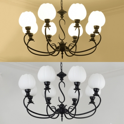 Traditional Black Pendant Lighting Flower Shade 6/8 Lights Frosted Glass Chandelier for Hotel