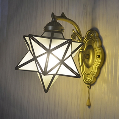 Vintage Brass Wall Light Star Shade 1 Light Glass Wall Lamp with Pull Chain for Hallway