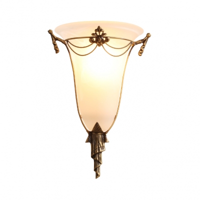 Vintage Style Cone Shade Sconce Light 1 Light Frosted Glass Carved Wall Lamp in White for Foyer