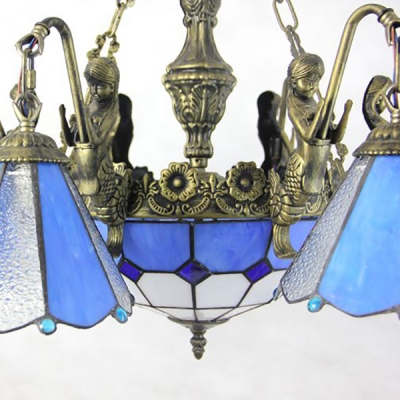 Vintage Style Dome Cone Chandelier 7 Lights Stained Glass Hanging Lamp for Living Room Villa