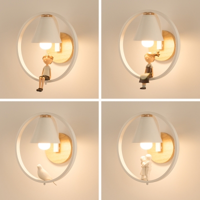 White Ring Wall Sconce with Bird/Boy/Embracing/Girl 1 Light Metal Wall Light for Bedroom