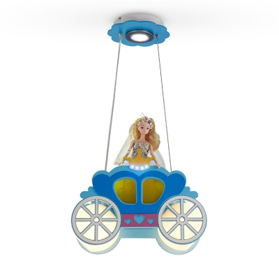 Wood Carriage Doll Pendant Light Shop Girl Bedroom Lovely LED Ceiling Light in Blue