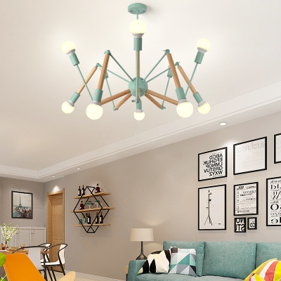 Wood Spider Chandelier 6/8/10 Lights Contemporary Candy Colored Hanging Light for Child Bedroom