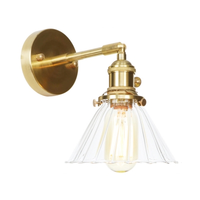 1/2 Pack Industrial Cone Wall Light 1 Light Clear Fluted Glass Sconce Light in Brass for Hallway
