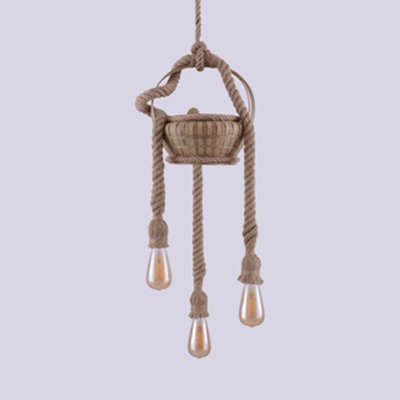 3/6 Lights Bare Bulb Chandelier Rustic Stylish Manila Rope Hanging Light with Basket in Beige for Lodge
