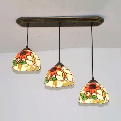 3 Lights Sunflower Pendant Light Rustic Style Stained Glass Ceiling Pendant for Living Room