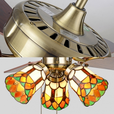42/48/52 Inch Antique Ceiling Fan Bell Shade 3 Lights Stained Glass Semi Flush Mount Light for Living Room