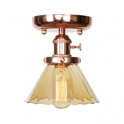 Edison Bulb Hallway Flush Mount Light Amber Glass 1 Light Retro Loft Ceiling Fixture in Brass