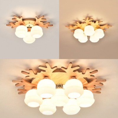 Beige Antlers LED Flush Ceiling Light 3/5/7 Heads Rustic Stylish Wood Ceiling Lamp for Study Room