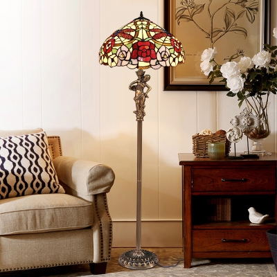 Stained Glass Blossom Dragonfly Floor Lamp Living Room 3 Heads Rustic Floor Light with Girl in Brass