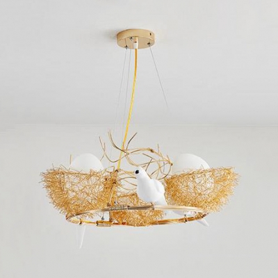 Rustic Style Gold Chandelier Egg 3 Lights Glass Resin Pendant Lamp with Bird&Nest for Dining Room