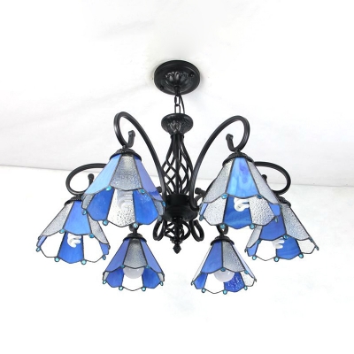 American Rustic Blue/Green Chandelier Cone Shade 6 Lights Glass Metal Hanging Light for Hotel