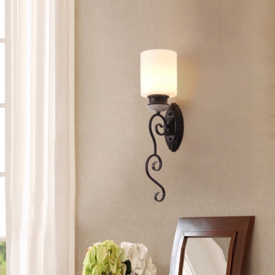 American Rustic Cylinder Shade Wall Lamp Metal One Light Black Sconce Light for Living Room