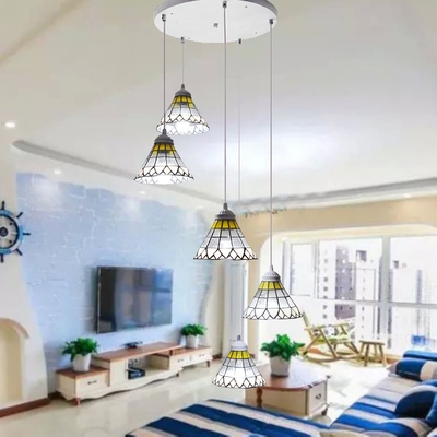 Art Glass Pendant Lamp with Bell/Cone/Dome/Trapezoid Shade Living Room 5 Lights Tiffany Style Hanging Light