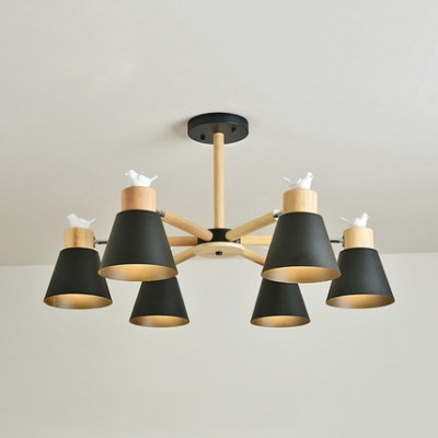 Bucket Study Room Chandelier with Bird Wood 3/6/8 Lights Nordic Style Pendant Lamp in Black/White